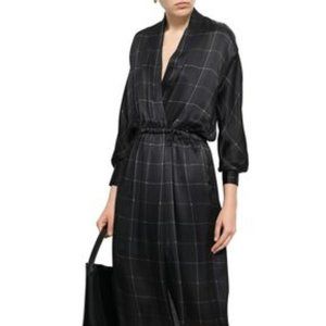 Vince Wrap-effect Windowpane Checked Silk-satin Midi Dress Retail $465